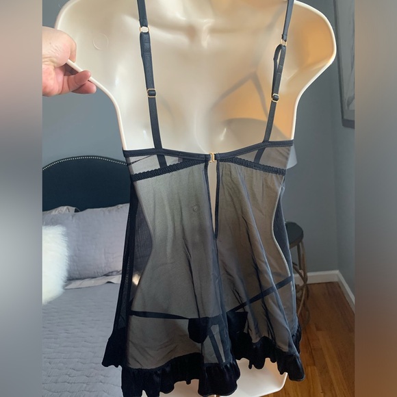 Myla black satin bow and mesh babydoll with matching thong. - Picture 3 of 12